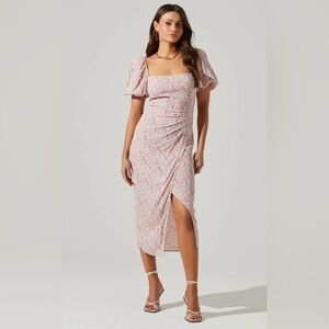 ASTR Puff Sleeve Front Slit Midi Dress In Pink Multi Ditsy